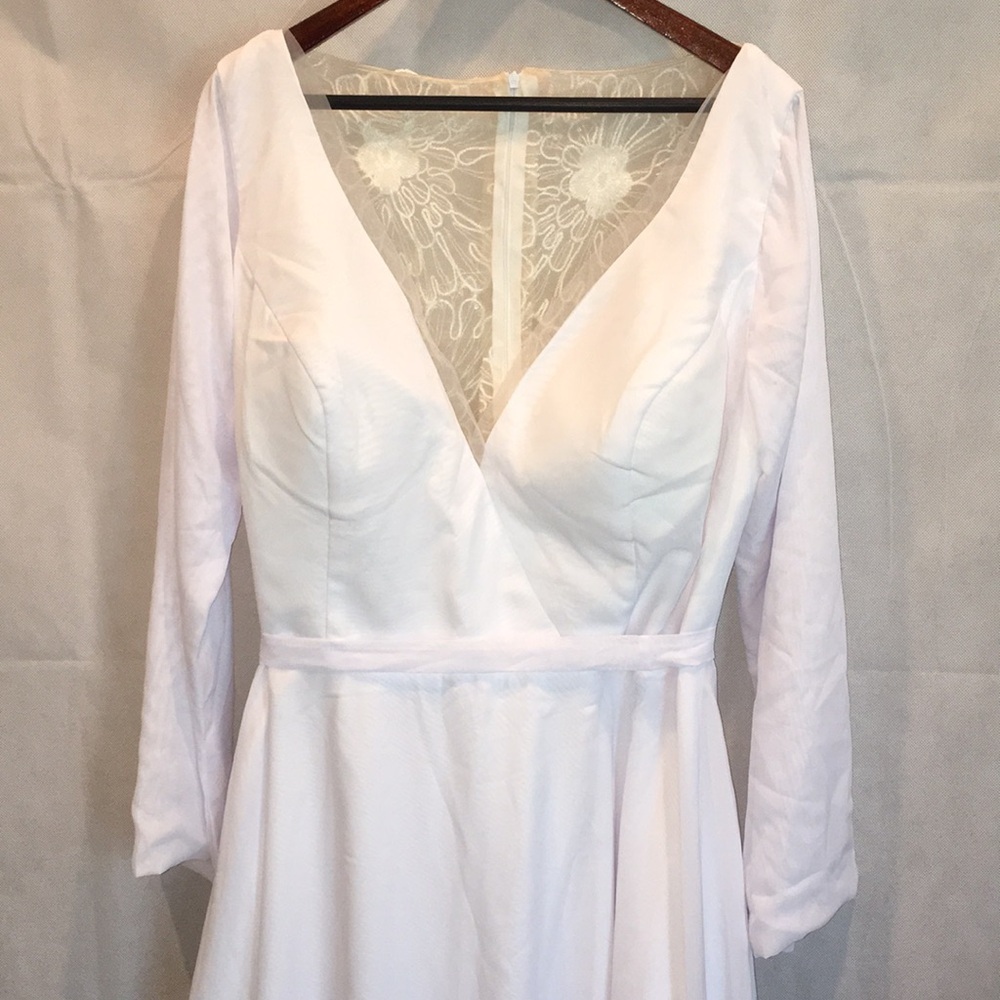 Elegant Long Sleeve A-Line Wedding Dress – Illusion Lace Back & Flowing Train - Picture 5 of 15